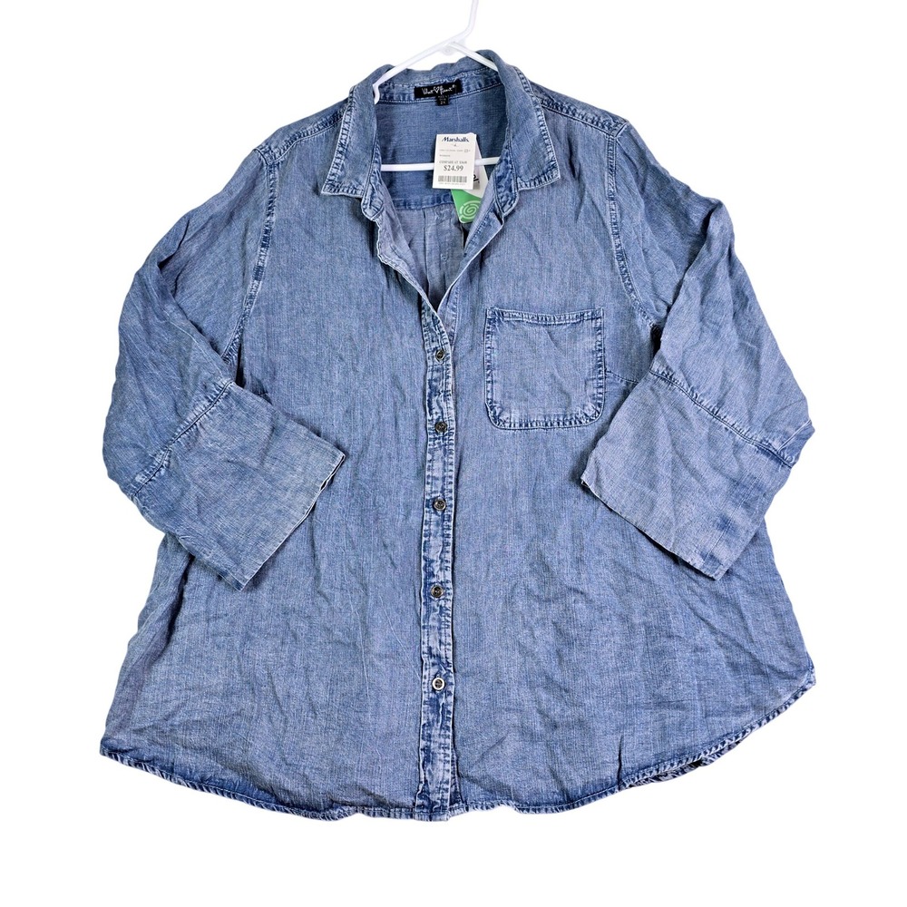 Velvet Heart Button Down Shirt Womens 2X Blue Tencel Denim Look 3/4 Sleeve Boho